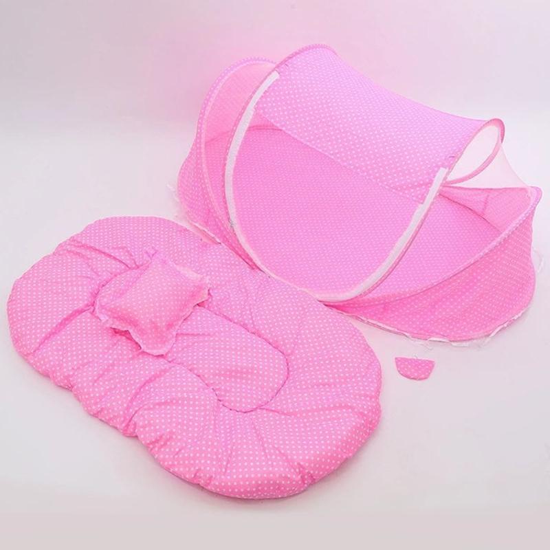 Breathable Fly Proof Baby Bed Net Foldable Compact with 3cm Sleeping Pad and Cotton Pillow for Newborns Safety