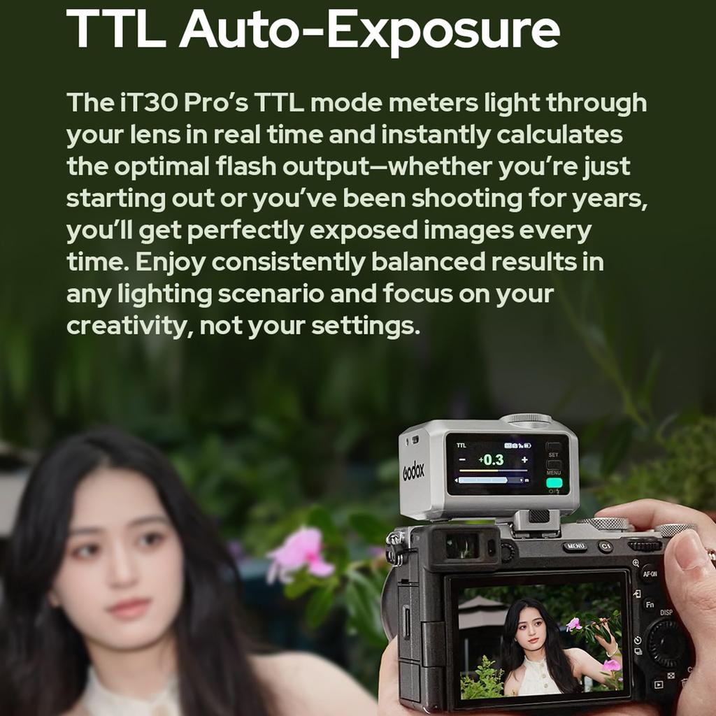 Godox iT30Pro N Mini TTL HSS with Lithium Battery for Nikon Cameras Ultra-Lightweight Flash, 2.4GHz Wireless, 1/8000s, Built-in Diffuser, Touchscreen,