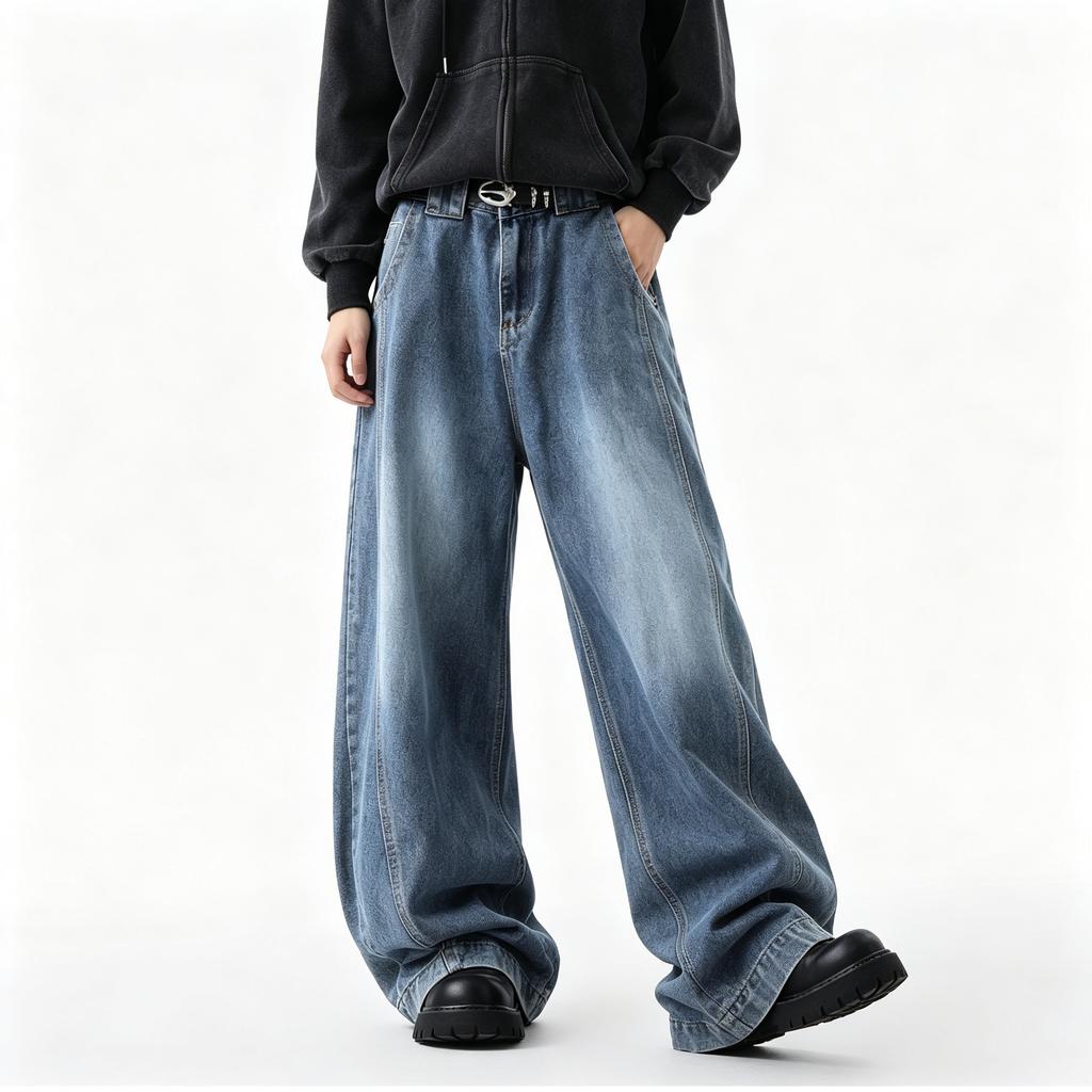 Men's Loose Fit Wide Leg Jeans Retro Hip Hop Streetwear Denim Pants Casual High Street