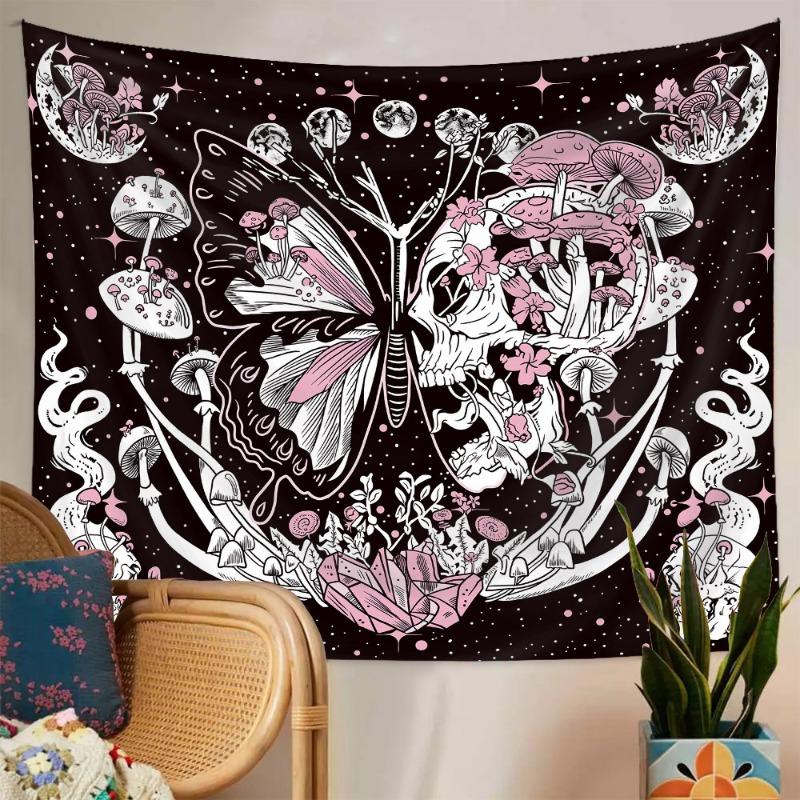 Bohemian Tapestry Wall Hanging with Skull Mushroom Design Ins Style Decorative Fabric for Bedroom Living Room Dorm Background