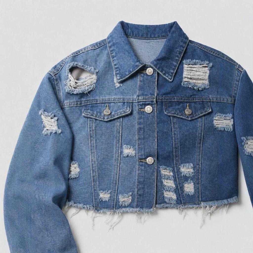 Women's Color Block Ripped Denim Short Jacket - Casual & Elegant with Raw Hem