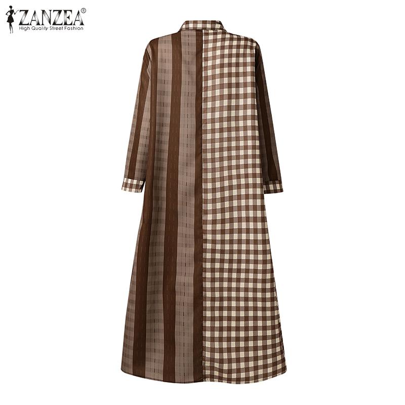 ZANZEA Rochie casual largă cu mâneci 3/4 și guler turn-down cu imprimeu carouri pentru femei