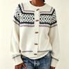 Womens Oversized Crewneck Knit Cardigan With Colorblock Geometric Acrylic Blend Loose Fit Fall Winter Sweater