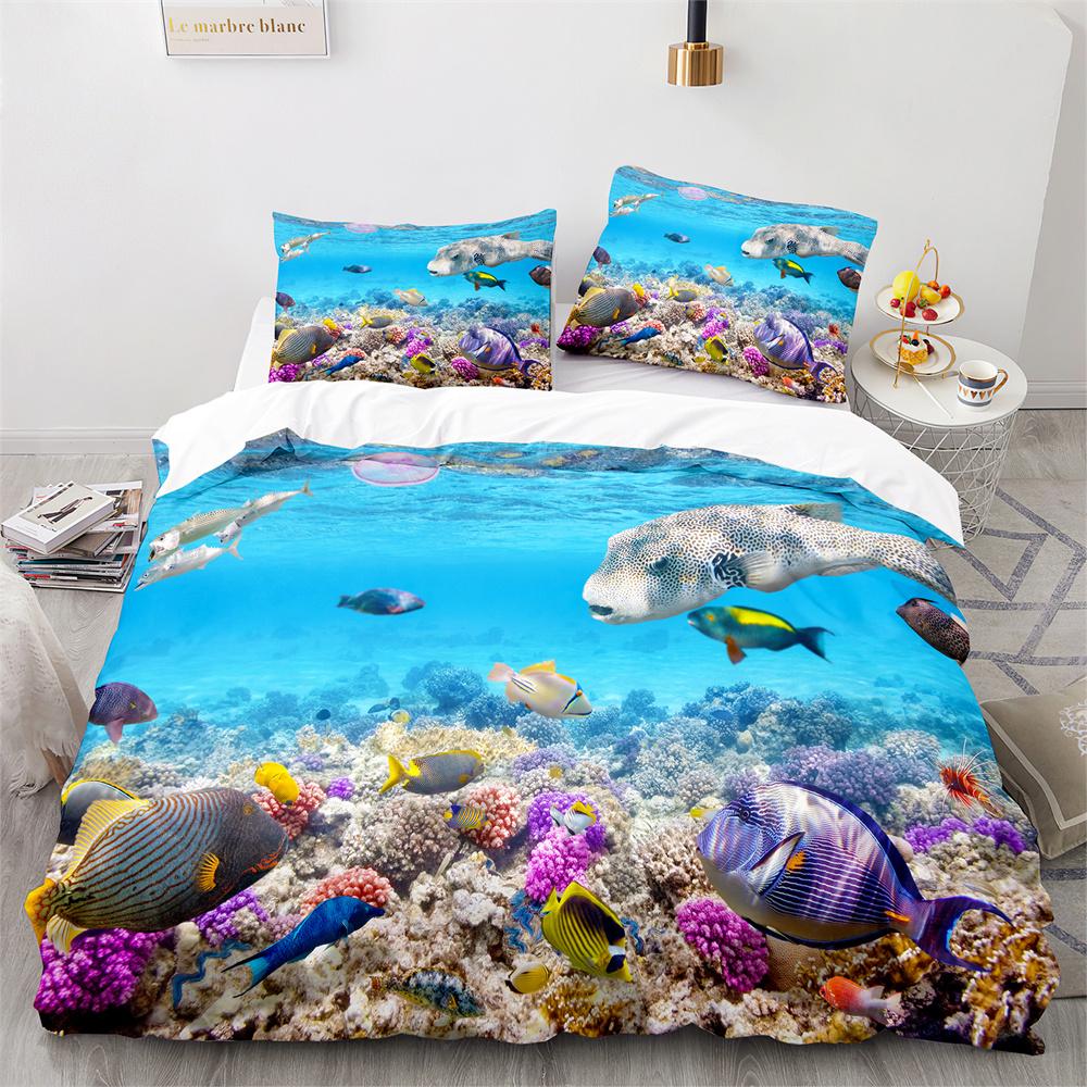 Underwater World Duvet Cover King Queen Blue Ocean Shark Bedding Set For Kids Sea Animal Coral Fish 2/3pcs Polyester Quilt Cover
