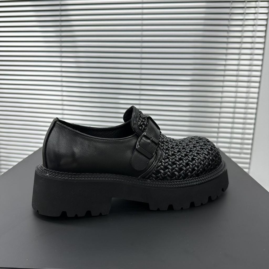 Genuine Leather Men's Shoes 2025 New High-end Woven Hollow Breathable Loafers British Style Platform Trend Big Head Shoes Men