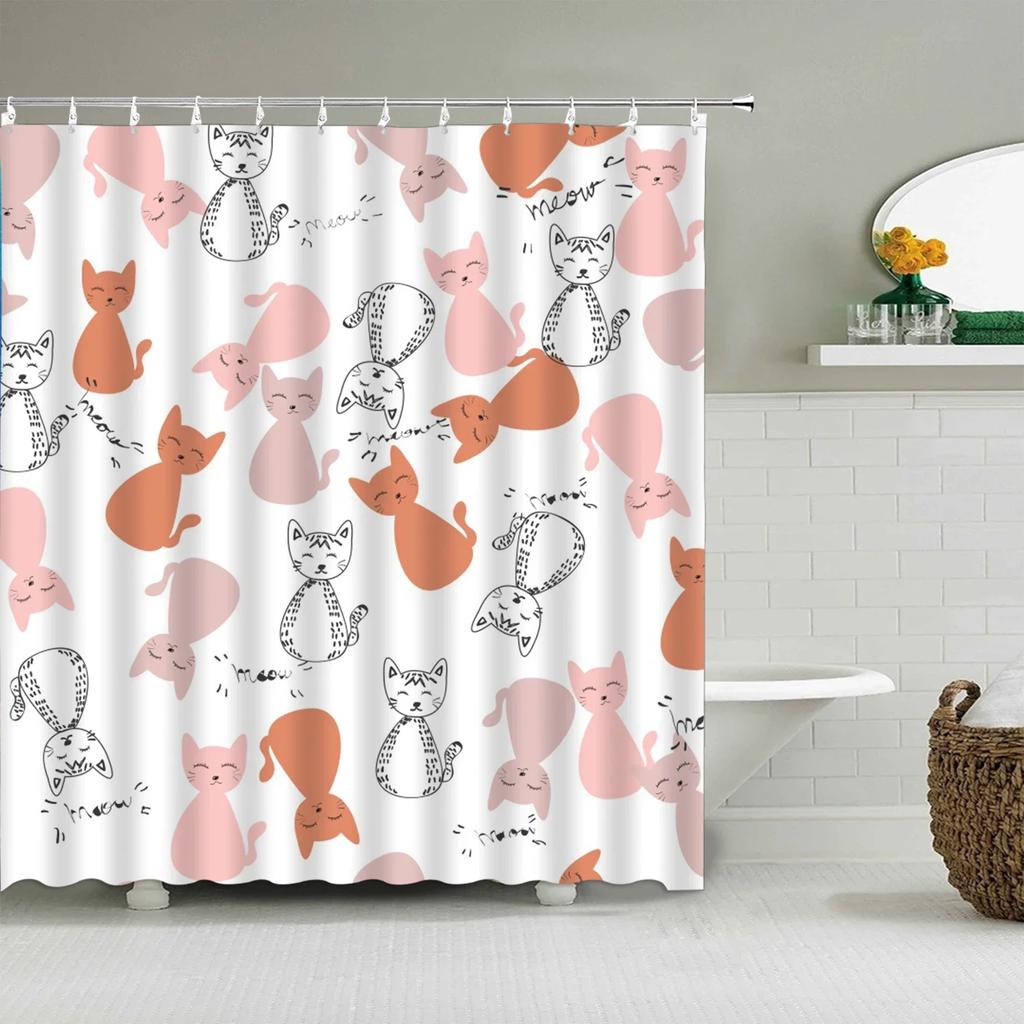 Cartoon Cute Shower Curtain, Funny Animals Cat Rainbow Colorful Butterfly Kids Boys Girls Bathroom Bathtub Screen Decoration