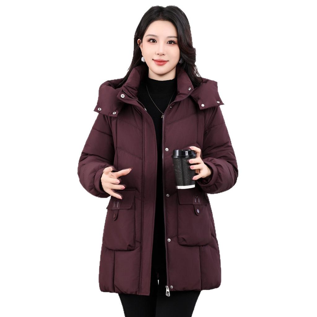 Removable Hat Winter New Women's Medium and Long Cotton Clothes Thickened Loose Warm Middle-aged and Elderly Cotton-padded Clothes Cotton-padded Jacke