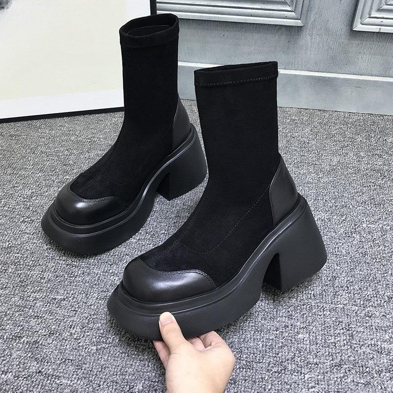 European station autumn and winter thick-soled heightening elastic boots women's versatile casual retro thick-heeled short boots tide