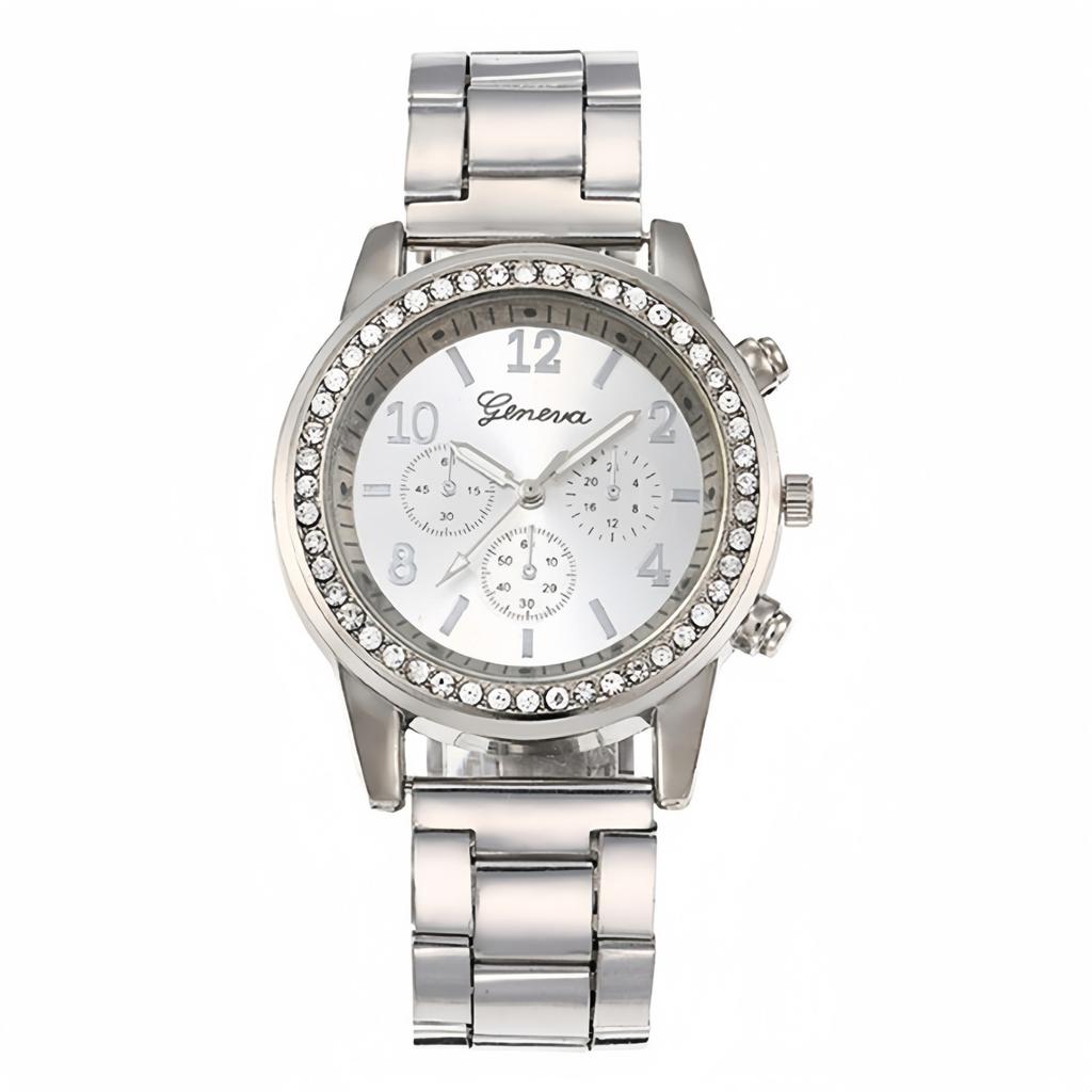 Three-eye Watch with Diamond Alloy Steel Belt Watch Women's Geneva Quartz Watch Set