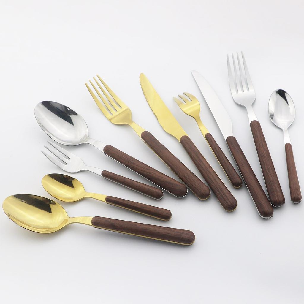 5Pcs Wooden Handle Dinnerware Stainless Steel Mirror Cutlery Set Western Knife Fork Spoon Silverware Tableware Set