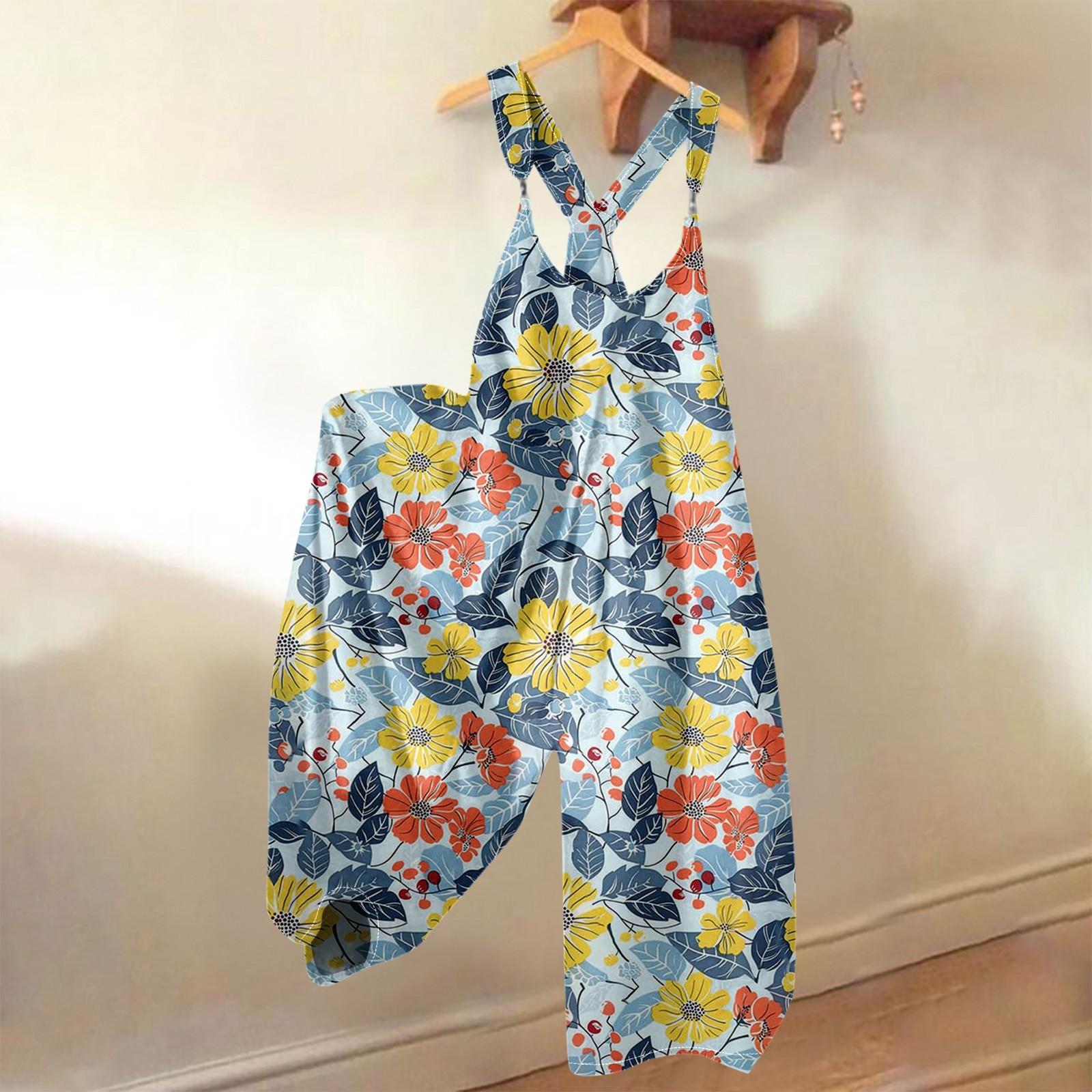

Women s Summer Overalls Floral Print Vintage Jumpsuit (Non-Adjustable Straps) L