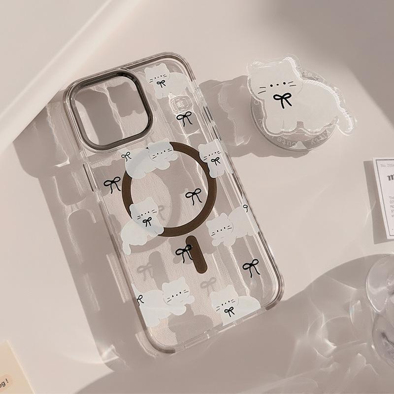 Cute Cartoon Cat Transparent Magnetic Holder Phone Case  For iPhone17 16 15 14 13 12 Pro Max Wireless Charging Back Cover