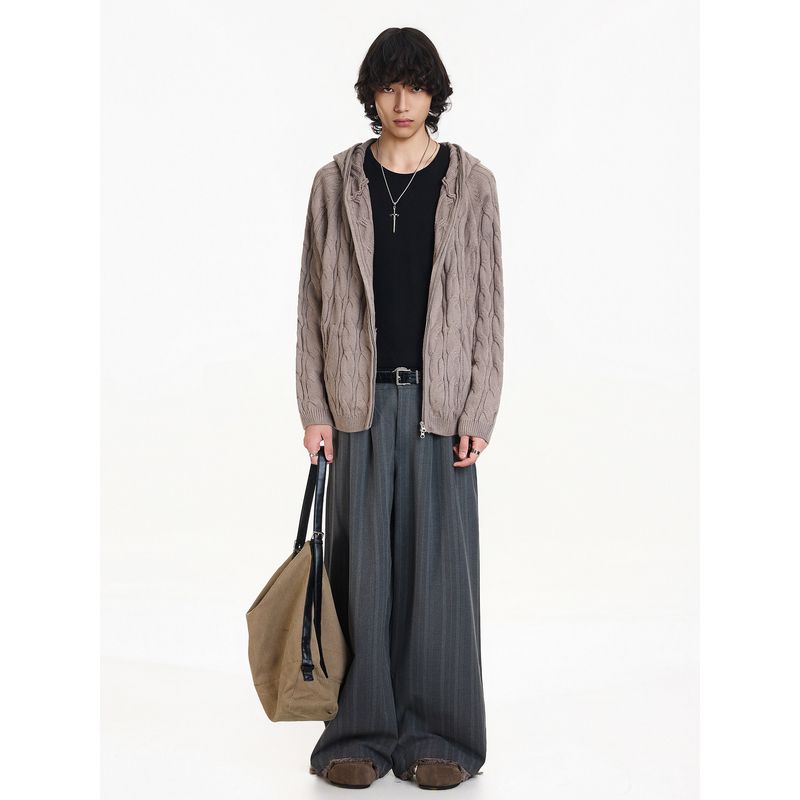 Blaexit American Retro Textured Khaki Hooded Knitwear for Men and Women, Autumn and Winter Zipper Knitwear Jacket