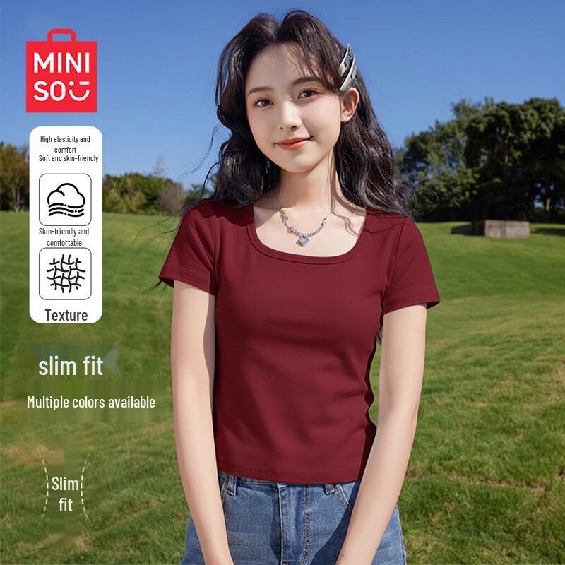 MINISO Women s Slim Fit Square Neck Short Sleeve T-Shirt M