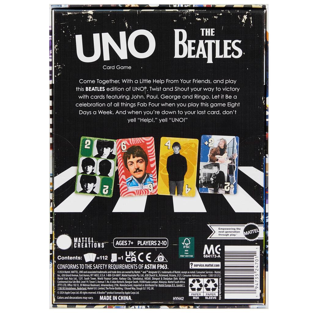 Mattel Game UNO CANVAS The Beatles Ages 7 and 112 HYH42 Game, Up, Cards, 2-10 Players, Black,