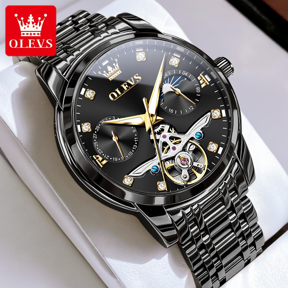 OLEVS Men's Watches Top Brand Luxury Fashion Original Automatic Mechanical Wristwatch Hollow Out Flywheel Movement Moon Phase