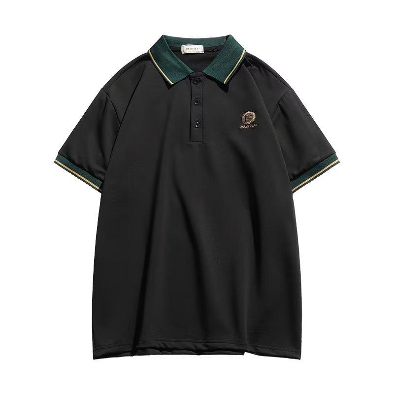 

Мужская летняя модная вышитая рубашка поло с короткими рукавами в британском ретро-стиле с контрастными цветными лацканами, повседневная рубашка поло XXL чёрный