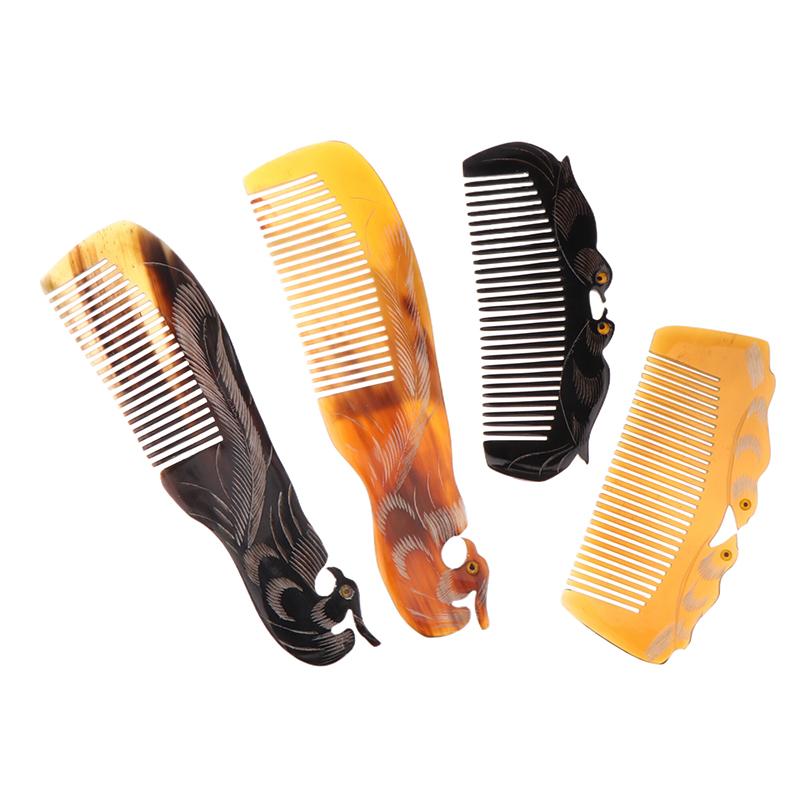 Natural Ox Horn Comb Anti Static Buffalo Combs Mandarin Duck Phoenix Carving Professional Detangling Massage Fine Tooth Comb