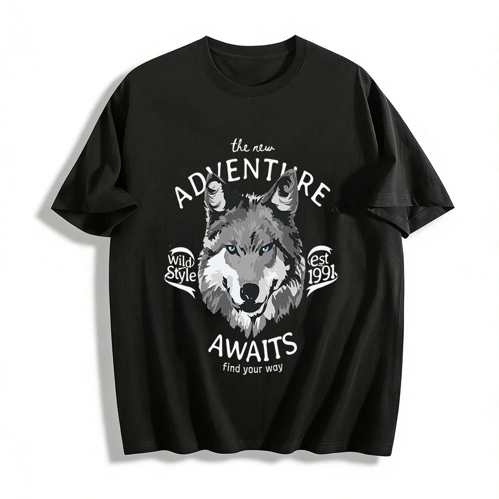 Vintage Wolf Print Outdoor Tee Wild Adventure Themed Casual Top Pure cotton T-shirt