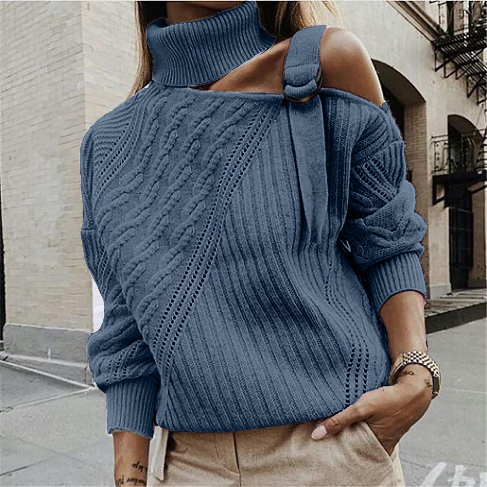 

Женский И Зимний Повседневный Свободный Однотонный Вязаный Свитер Топ с Длинным Рукавом, Воротником-стойкой и Открытым Одним Плечом XXL синий