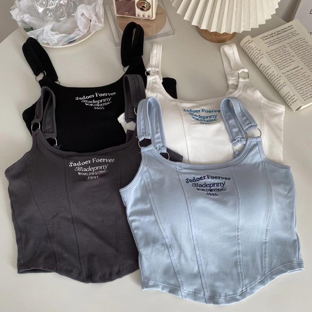 Small Camisole With Bra Pad Undershirt Female Senior Sense Letters Embroidery Thin Inner Slim Outer Wear Spicy Girl Desire Tops