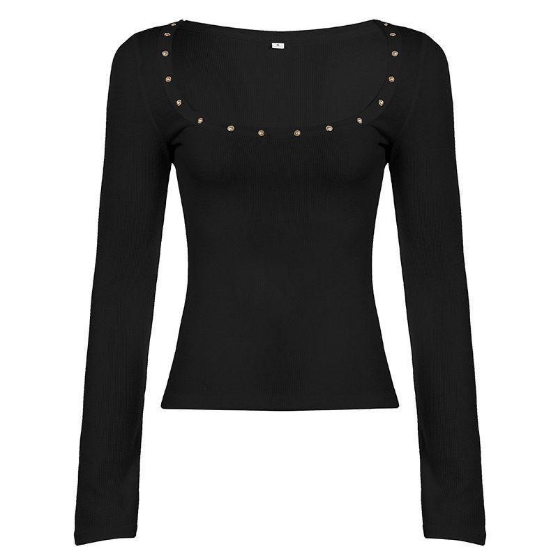 2026 Women s Rivet Low-Cut Square Neck Long Sleeve Stretchy Slimming T-Shirt Extra Large чёрный
