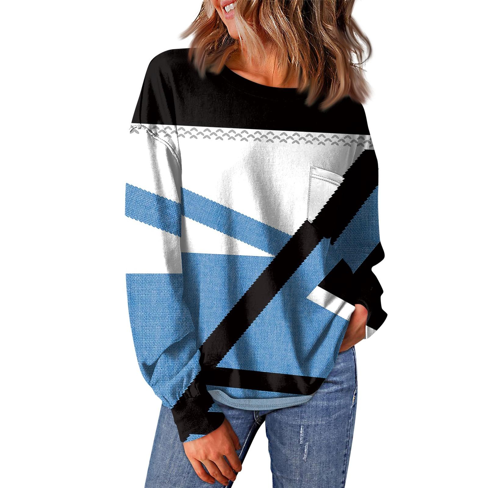 

Женский повседневный свободный топ с круглым вырезом и карманами в полоску с принтом в стиле пэчворк и длинными рукавами XL небесно-голубой