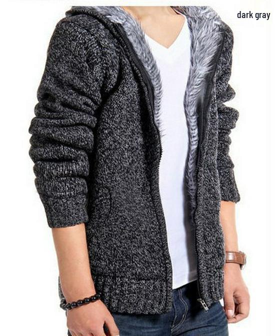 2023 Winter Men s Fleece-Lined Thick Knit Hooded Slim Fit Korean Style Sweater Cardigan L темно-серого