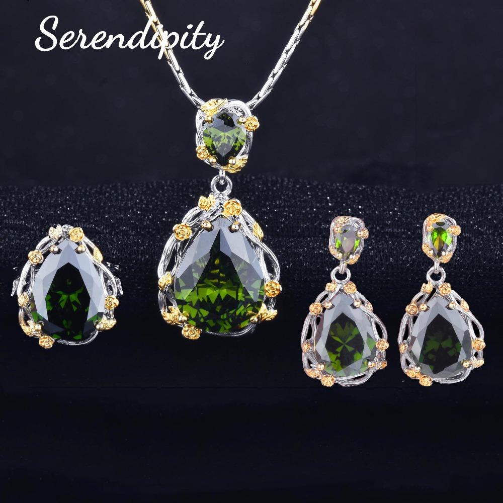 Elegant Women Jewelry Set Italian Court Inspired Two Tone Gold Olive Green Gem Drop Earrings Open Ring