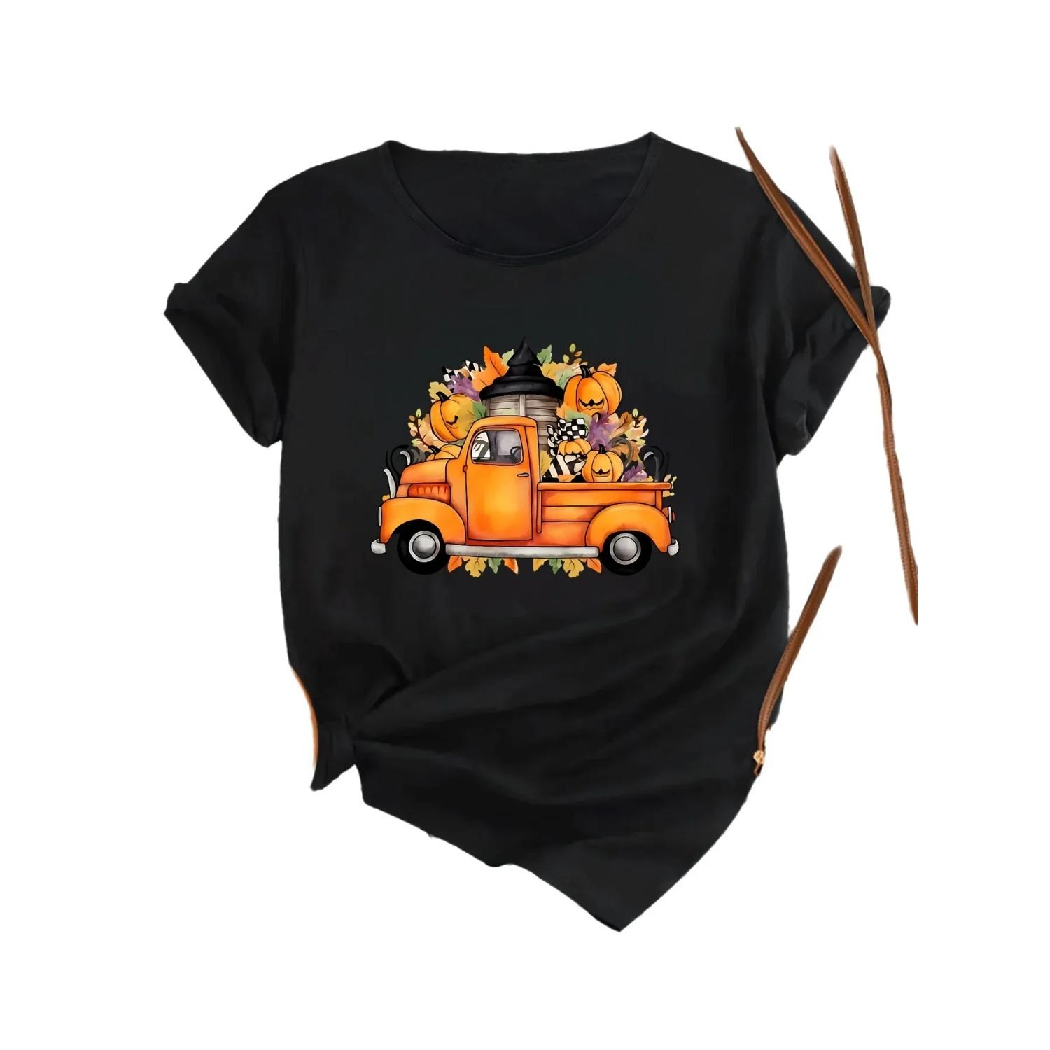 

Plus - Size Black Round Neck T - Shirt with Halloween - themed Pickup Truck Print Festive - spooky and Autumn - inspired S чёрный