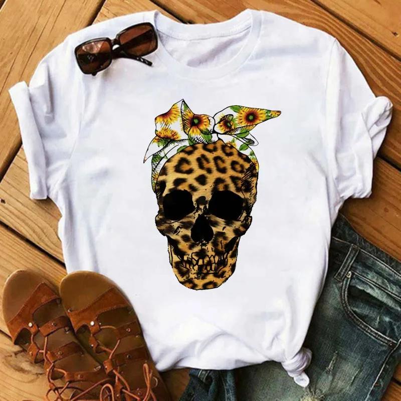 Fashion Leopard Skull Printed Women T-shirt Summer Loose Black Female T-shirt Casual Round Neck Harajuku Tops Woman Clothes