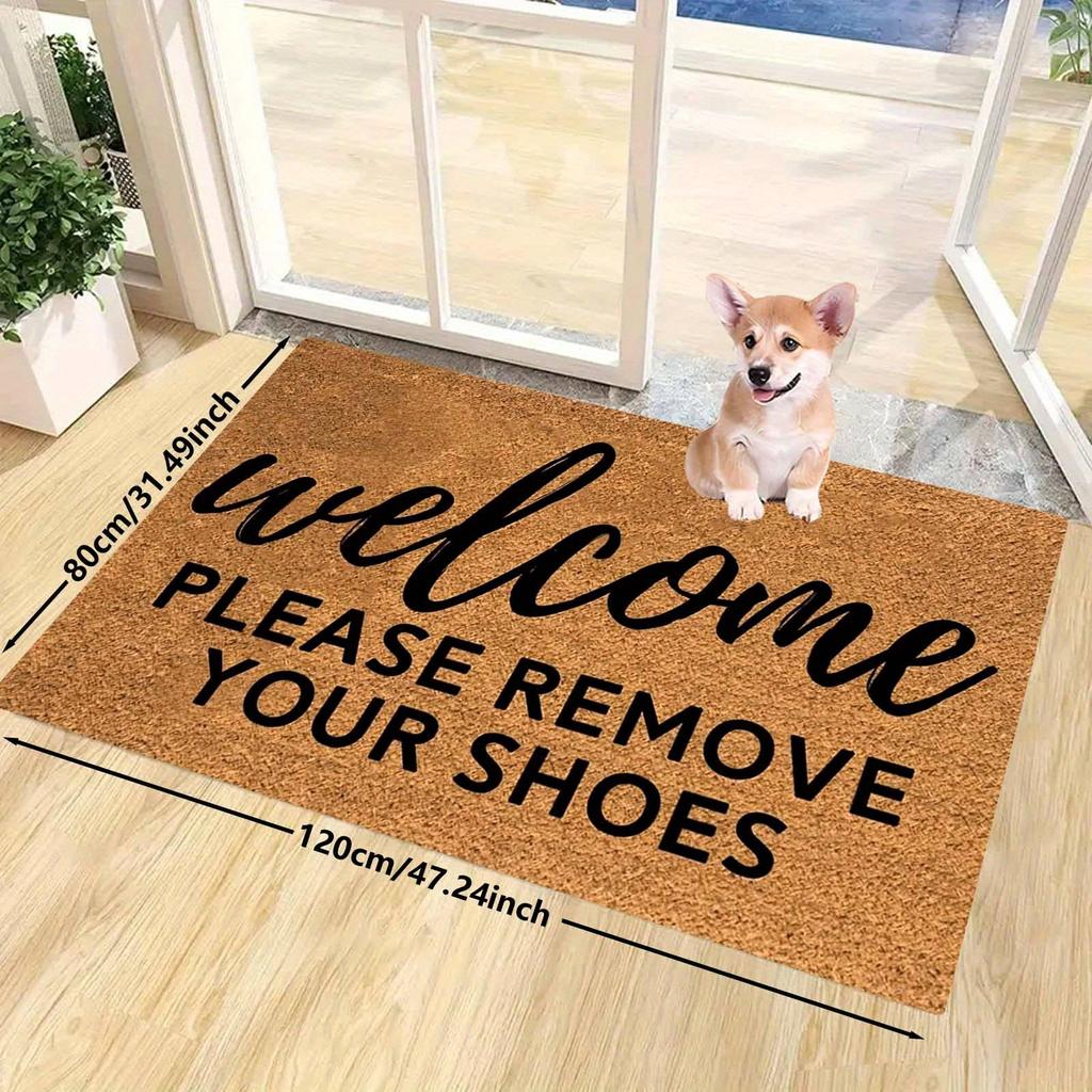 "Welcome Please Remove Shoes" Flannel Doormat - Machine Washable Polyester for Entryway, Kitchen, Balcony Indoor Decor Mat