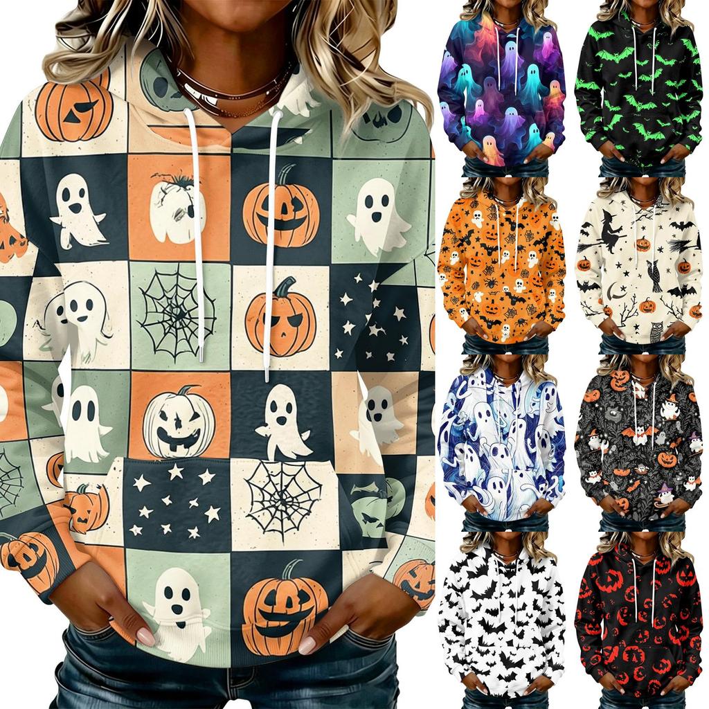 Women's fashionable long-sleeved Halloween print hooded pullover hoodie top
