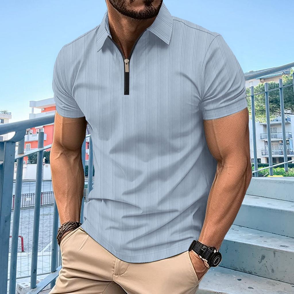 Fashion Men's New Solid Colour Textured Zip Short Sleeve T-Shirt Men's Tops