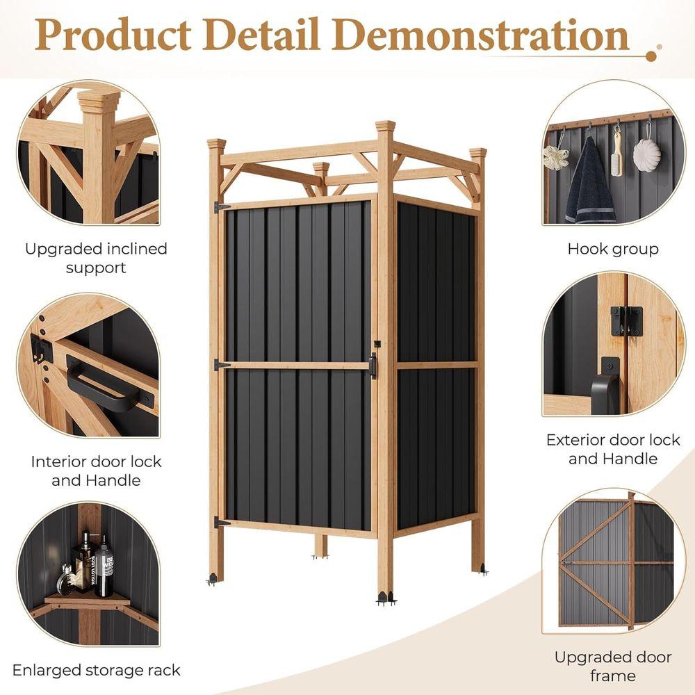 Secure Outdoor Shower Enclosure with Metal Panels, Hooks, and Shelves - Ideal for Pool and Beach Rinsing, Compact Design