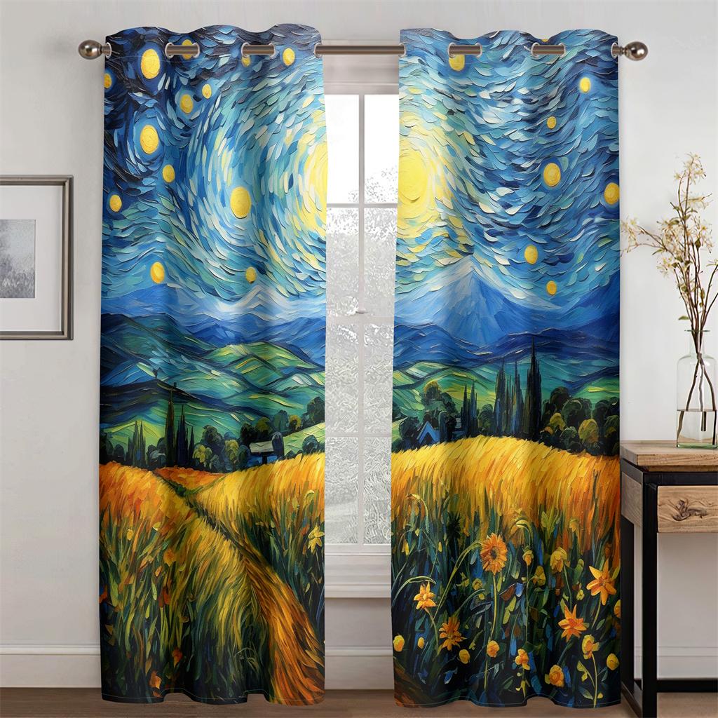 Van Gogh's Dreamland Pastoral Oil Painting Curtains New Arrivals 2 Pcs Fit Living Room Bedroom Kitchen Balcony Window Decor