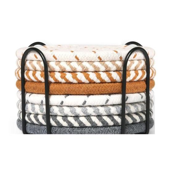 Yousheng 8Pcs Cotton Woven Coasters for Drinks, Absorbent Coasters Set with Holder, Wear-Resistant Insulating Heat-Resistant Coasters for Cups Teapots