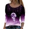 3D Rose Print Gradient Color Women Blouse Long Sleeve Broken Line Rhinestone Autumn Blouse Streetwear