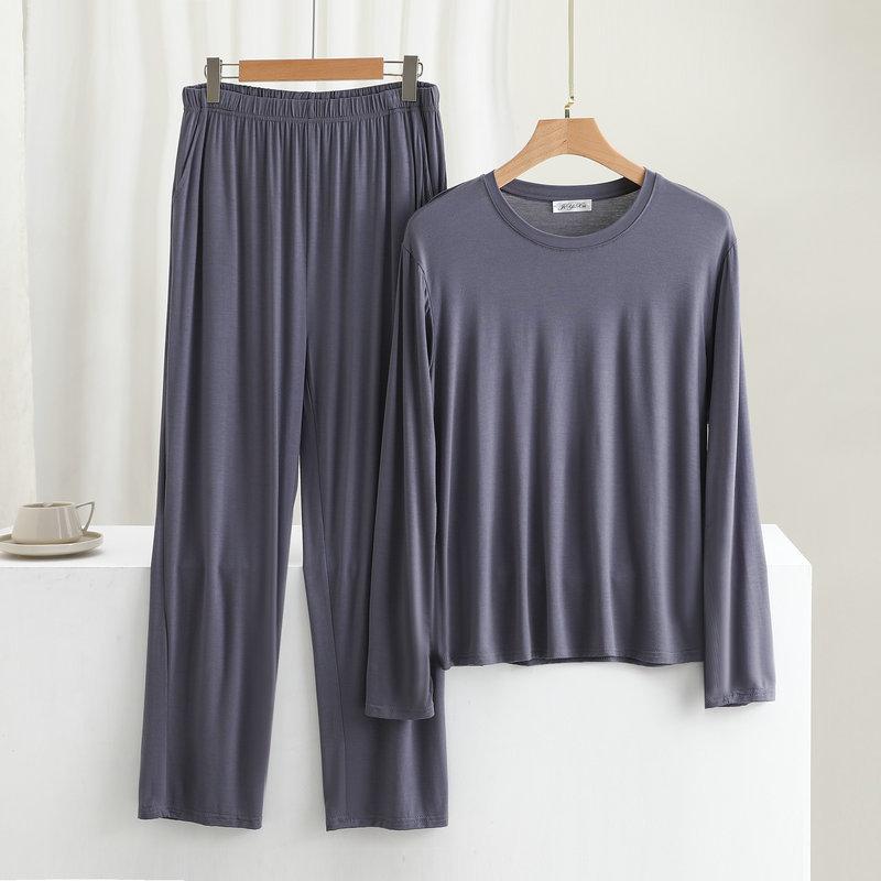 Cotton Loose Men's Long Sleeved Wide Leg Pants Casual Home Clothing Set for Spring and Summer Thin Pajamas Two-piece Set