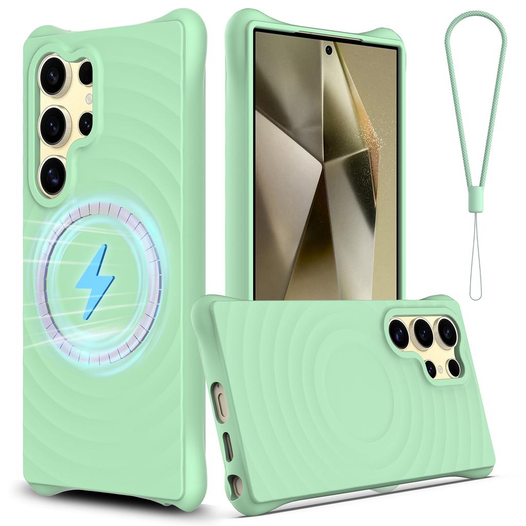 For Samsung Galaxy S25 Ultra Magnetic Case Ripple Texture Liquid Silicone Protective Cover with Strap