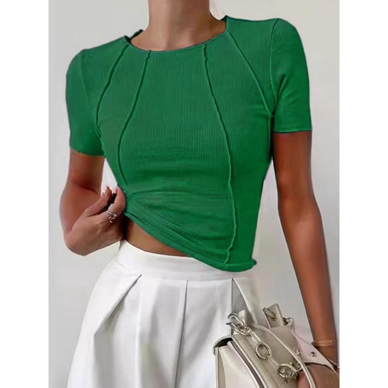 Dámské jednobarevné tričko s rozparkem na hrudi a kulatým výstřihem Nový letní přiléhavý top