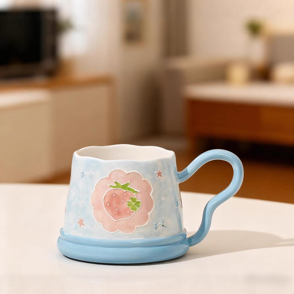 Unterglasurfarbe neue Einzelbecher-Tasse pastorale niedliche Tasse mit Henkel Wasserbecher Erdbeere Kirsche Keramiktasse hohe Optik
