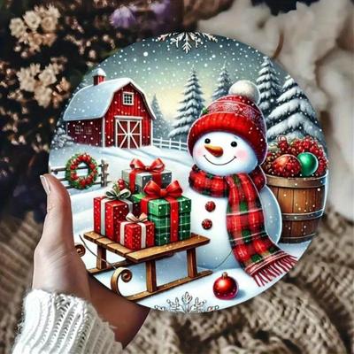 Christmas Snowman Gift Round Metal Wall Decor 7.8 Inch Holiday Iron Sign