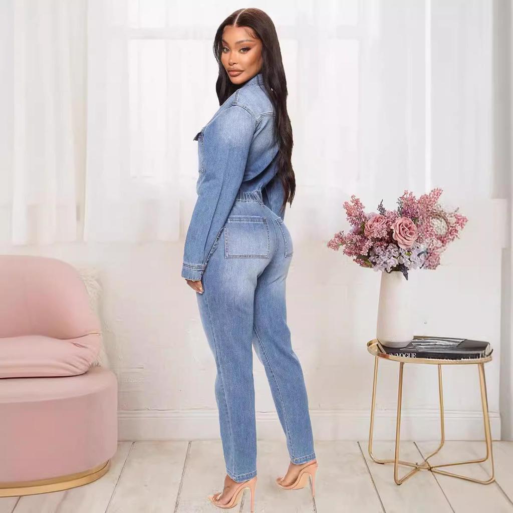 Slim Fit Stretch Denim Jumpsuit with Small Leg Opening