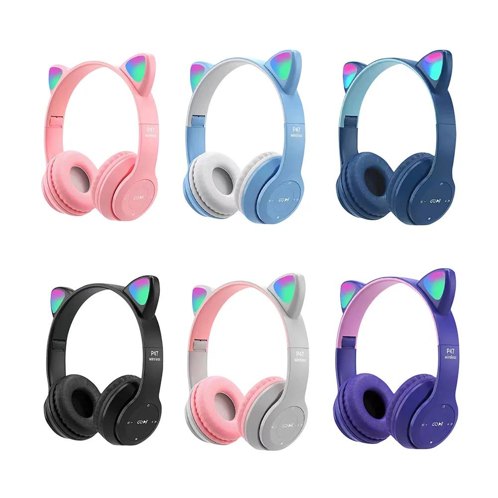 Flashing LED Cute Cat Ears Headphones Bluetooth Wireless Headset with Mic P47M Kid Girl Stereo Music Earbud Sports Headphones