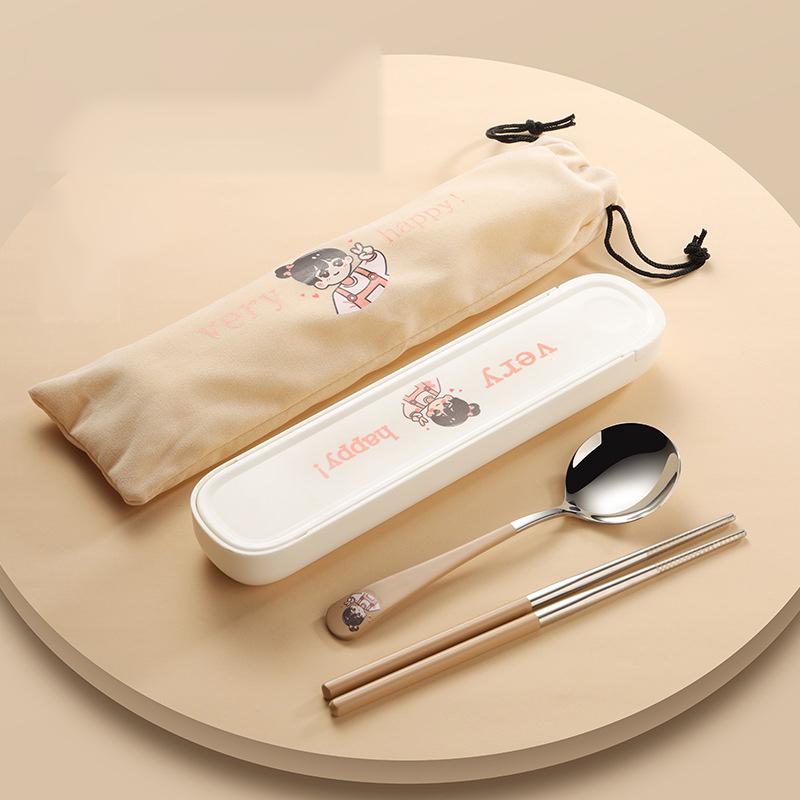 304 Stainless Steel Cartoon Tableware, Chopsticks and Spoons, Food Grade, Office Workers, Single Tableware