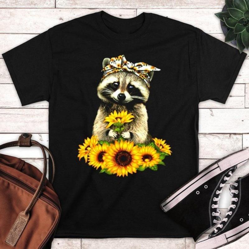 Summer Printed Letters Sunflower Lovely Raccoon Loose Round Neck Pure Cotton Short Sleeved Shirt T-Shirts Men’s