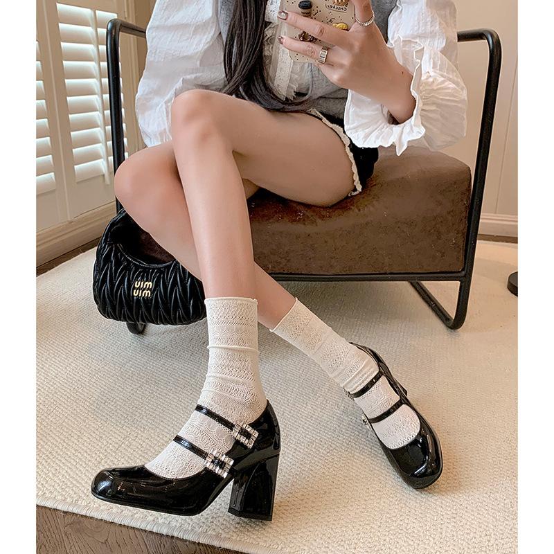 2025 Early Spring Round Head and Leather Shallow Mouth One-word Buckle with Rhinestone Square Buckle Single Shoes Bai and Mary Jane Women