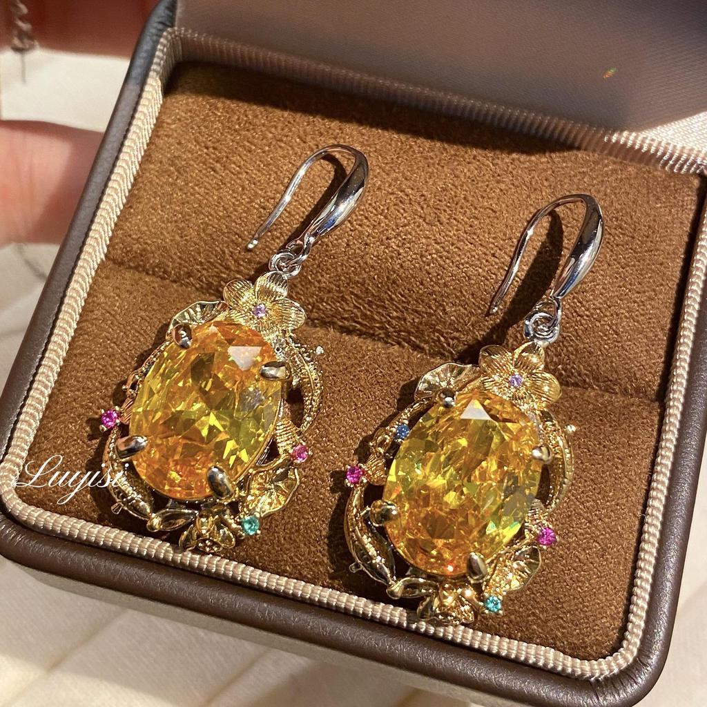 Retro French Court Style Pisces Lotus Pendant & Earrings Set with Yellow Diamond & Color Gem Ring for Women