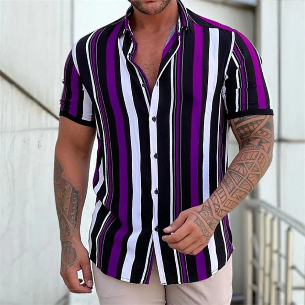 New Summer Men Clothes Short Sleeve Stripe Shirt Tops Men Casual Beach Shirt Tops